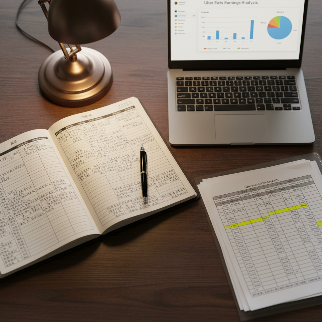 An open notebook filled with precise handwritten delivery logs and income figures in Chinese, laid on a dark wood table next to a sleek laptop displaying a colorful earnings chart and bar graph analysis of Uber Eats orders. Beside them sits a transparent plastic folder with neatly stacked printed spreadsheets, some cells highlighted in yellow. A pen with a metal clip rests diagonally across the notebook, hinting at ongoing work. Warm desk lamp lighting from the upper left casts focused illumination, creating subtle shadows and a cozy yet highly professional mood. Photographic realism, shot from a slightly elevated angle, medium depth of field keeping all documents legible, ideal for conveying data-driven delivery income analysis.