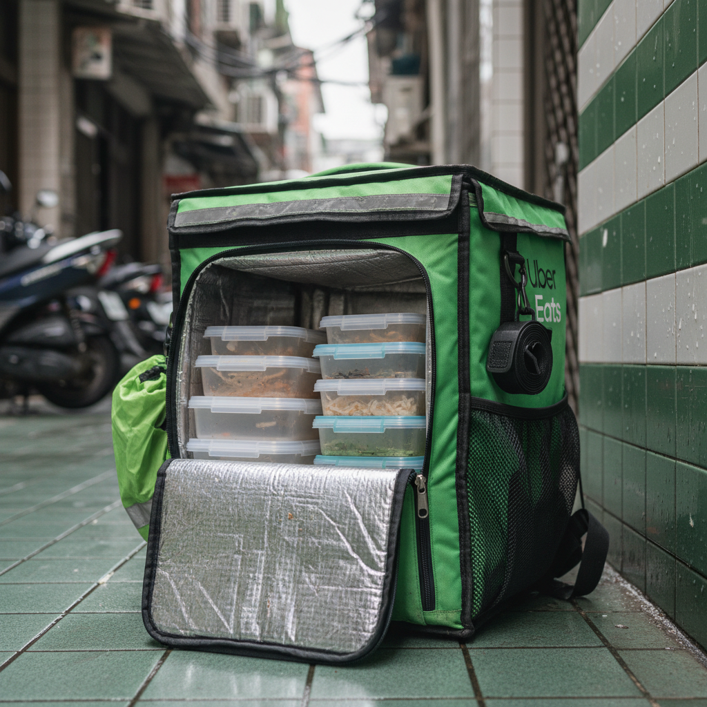 A sturdy, slightly worn insulated delivery backpack in Uber Eats-style green and black, standing upright against a tiled wall in a narrow Taipei alley. The fabric texture shows faint scuffs and rain marks, zippers half-open to reveal neatly organized thermal compartments and reusable food containers inside. A compact rain cover is tucked into a side pocket and a rolled reflective safety strap dangles from a loop. Soft overcast daylight filters into the alley, creating gentle, diffused light with subtle, realistic shadows. Photographic realism, composed at a low, three-quarter angle to emphasize the bag’s volume and functionality, background gently blurred with hints of scooter wheels and building walls, conveying a hardworking, street-level delivery atmosphere without any people present.