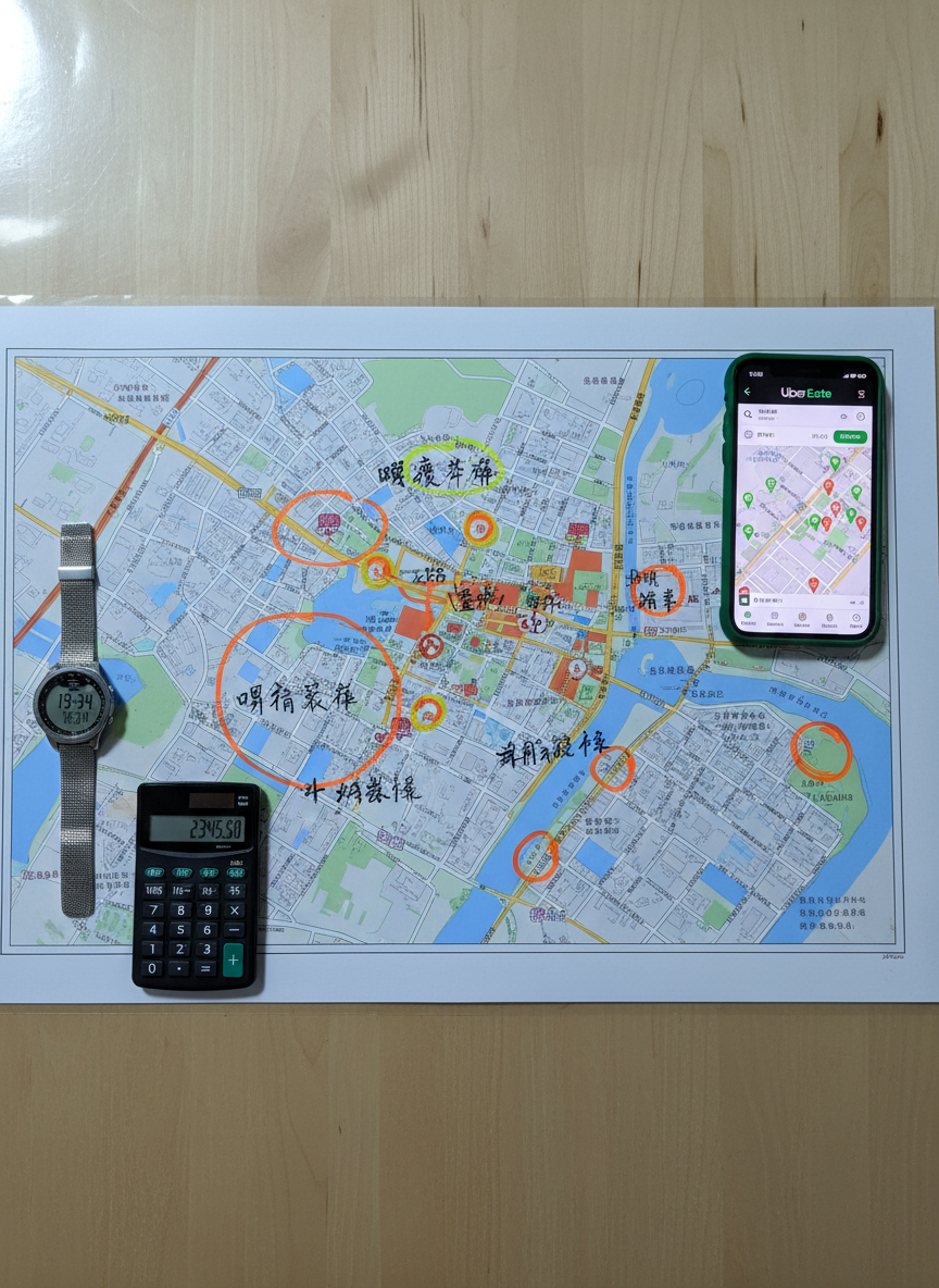 A top-down view of a large laminated street map of Taipei’s Songshan District spread across a smooth, light-colored table. Key delivery hotspots are highlighted with bright marker circles, and handwritten notes in neat Chinese characters indicate peak times and recommended routes. A smartphone with the Uber Eats courier app map open rests at the map’s edge, showing live order pings and zones. A slim digital watch and a small calculator lie nearby for income tracking. Cool, diffused overhead lighting creates clear visibility with soft shadows, giving a serious, analytical atmosphere. Photographic realism, sharp focus across the entire frame, composition centered but slightly angled to feel dynamic, perfectly suited to illustrate delivery strategy and zone analysis.